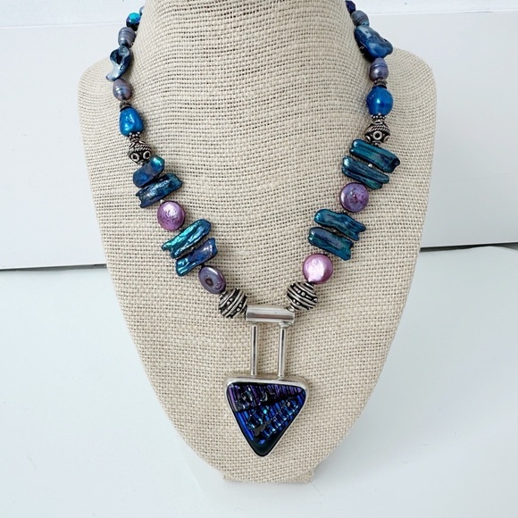 Jewelry - Genuine Sterling Silver Necklace, Blue & Pink Pearls, Dichrioc Glass Pendant